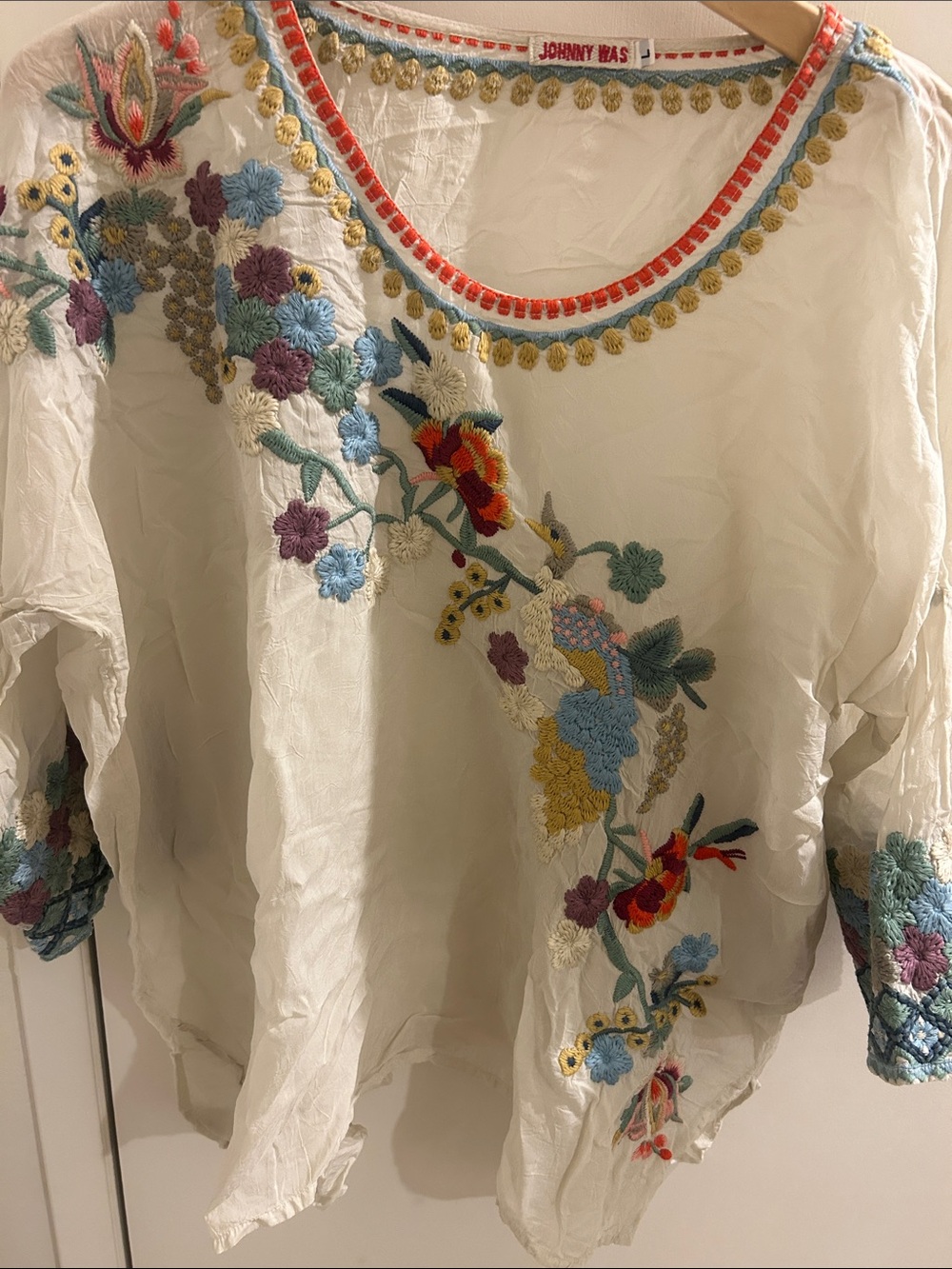 Johnny Was White Embroidered Floral Tunic with Multicolor Stitching